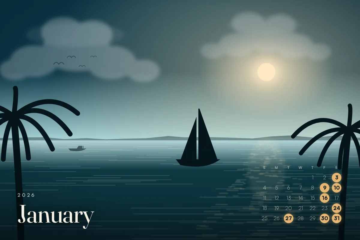 January 2026 calendar card, things to do in Cape Coral