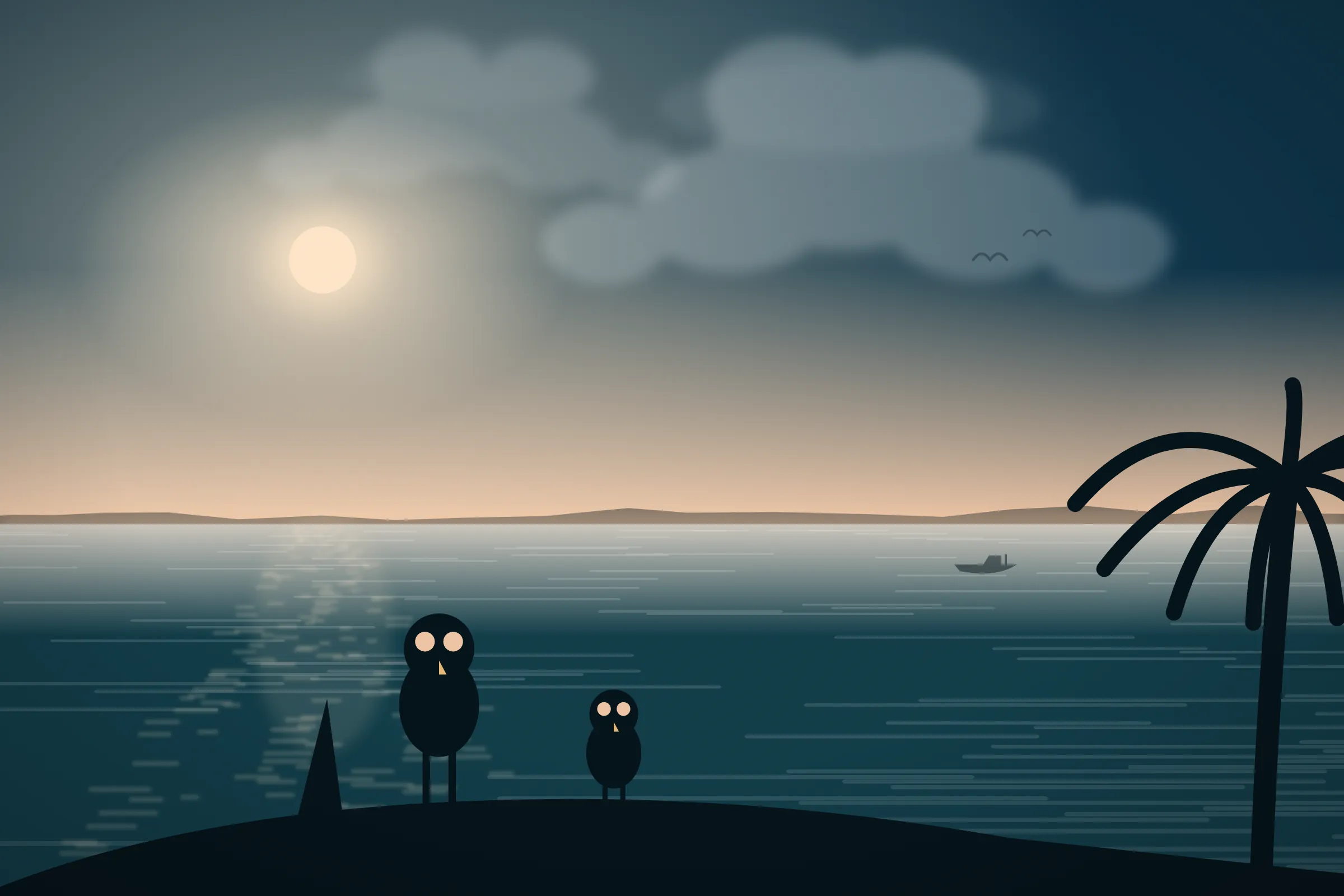 Illustration of two birds on the shoreline at dawn in Cape Coral
