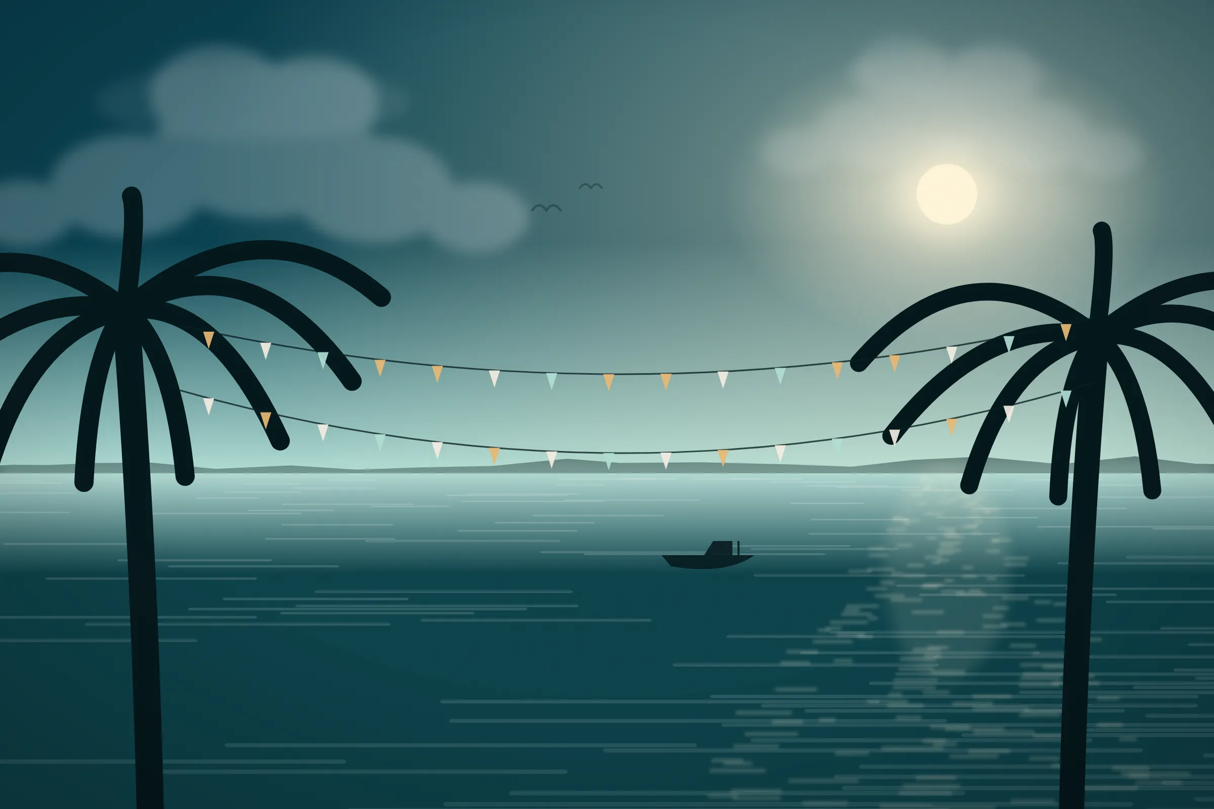 Illustration of festival string lights hung between palms over the water in Cape Coral