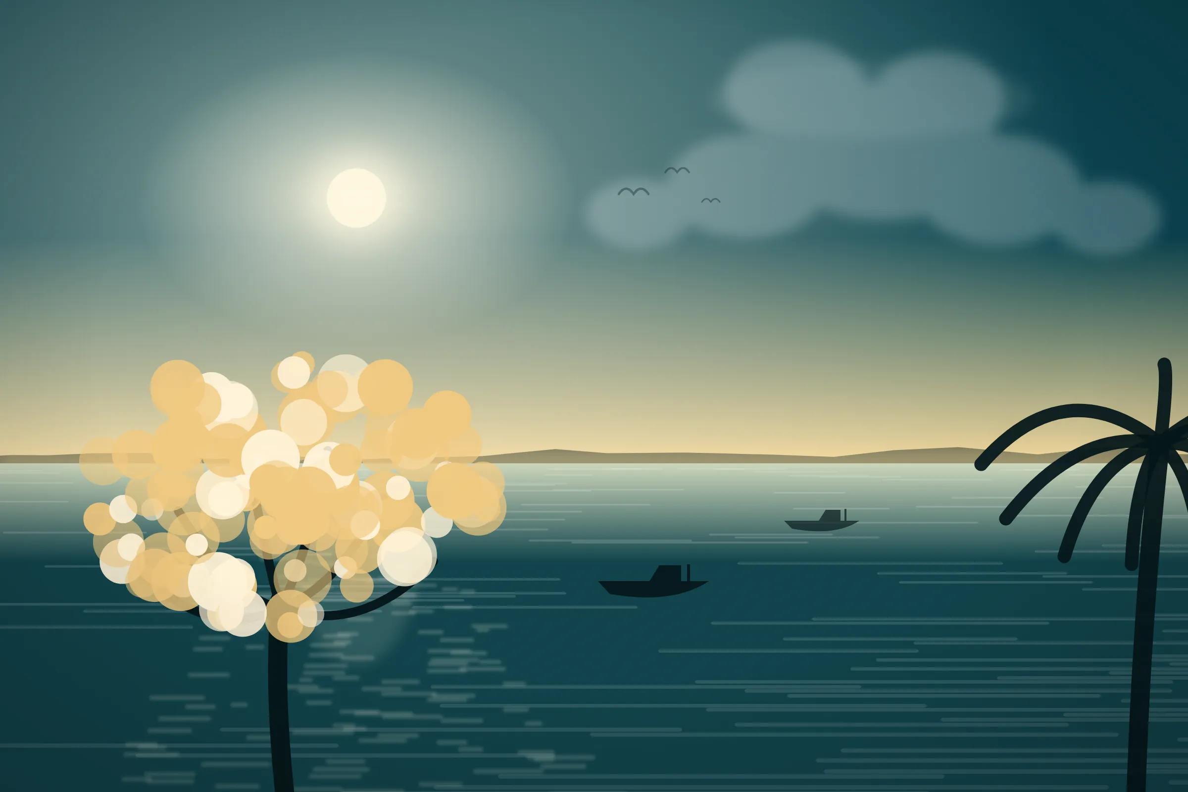 Illustration of a flowering tree on the shoreline in spring in Cape Coral