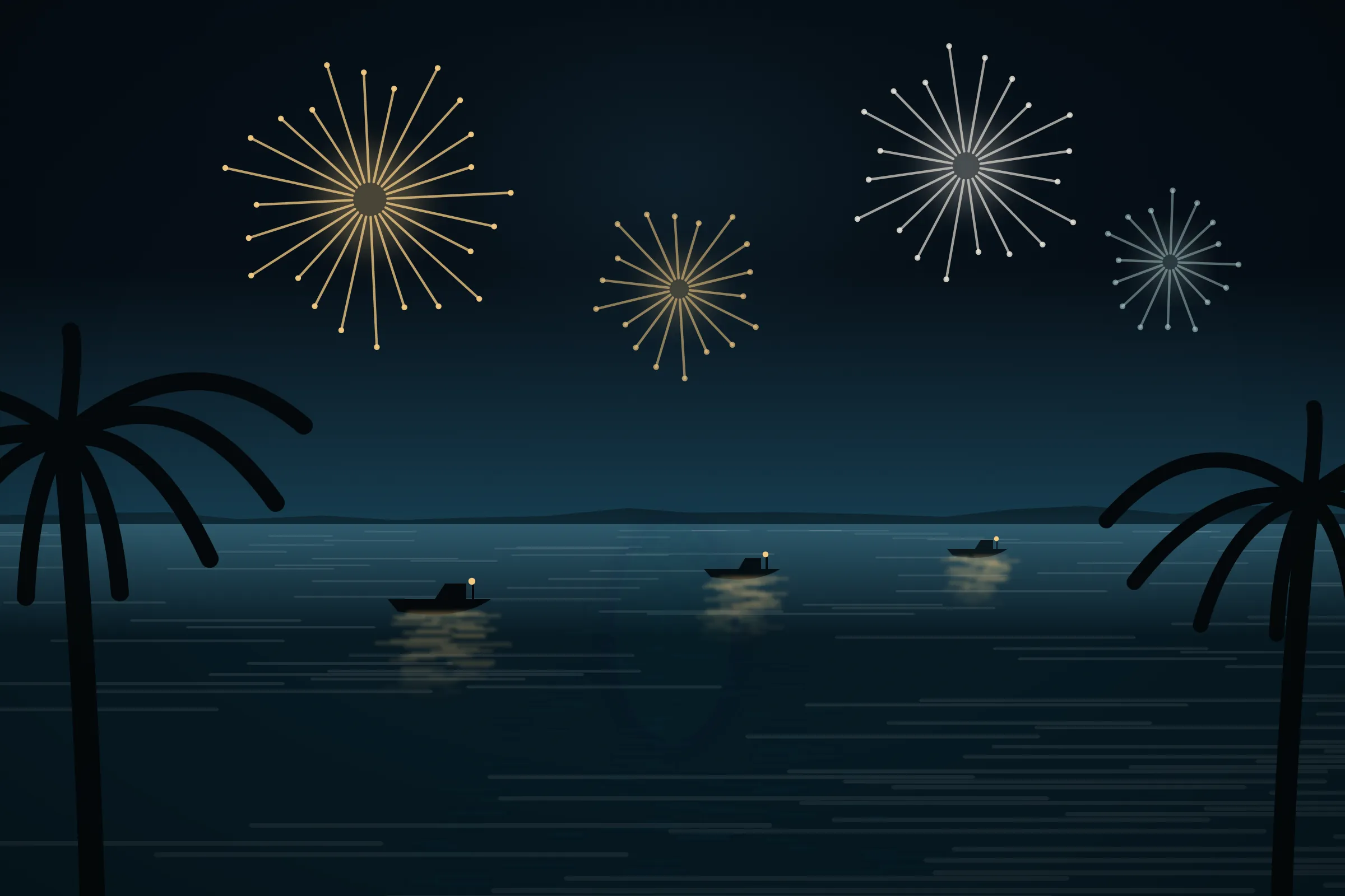 Illustration of fireworks over boats on the water in Cape Coral