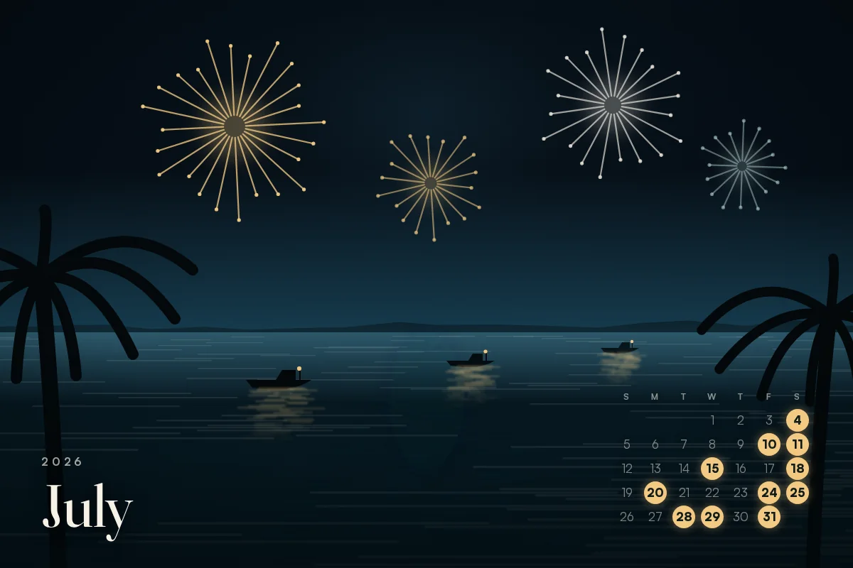 July 2026 calendar card, things to do in Cape Coral