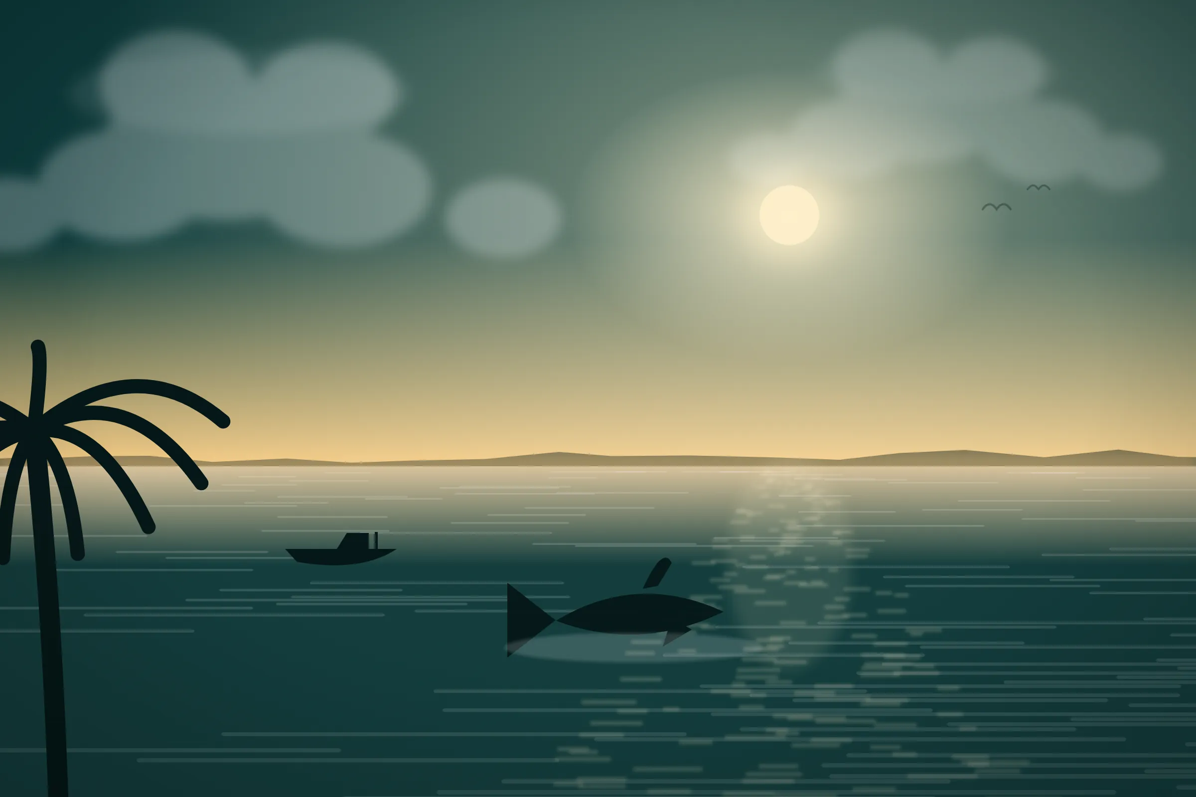 Illustration of a tarpon rolling in the water under an August sun in Cape Coral
