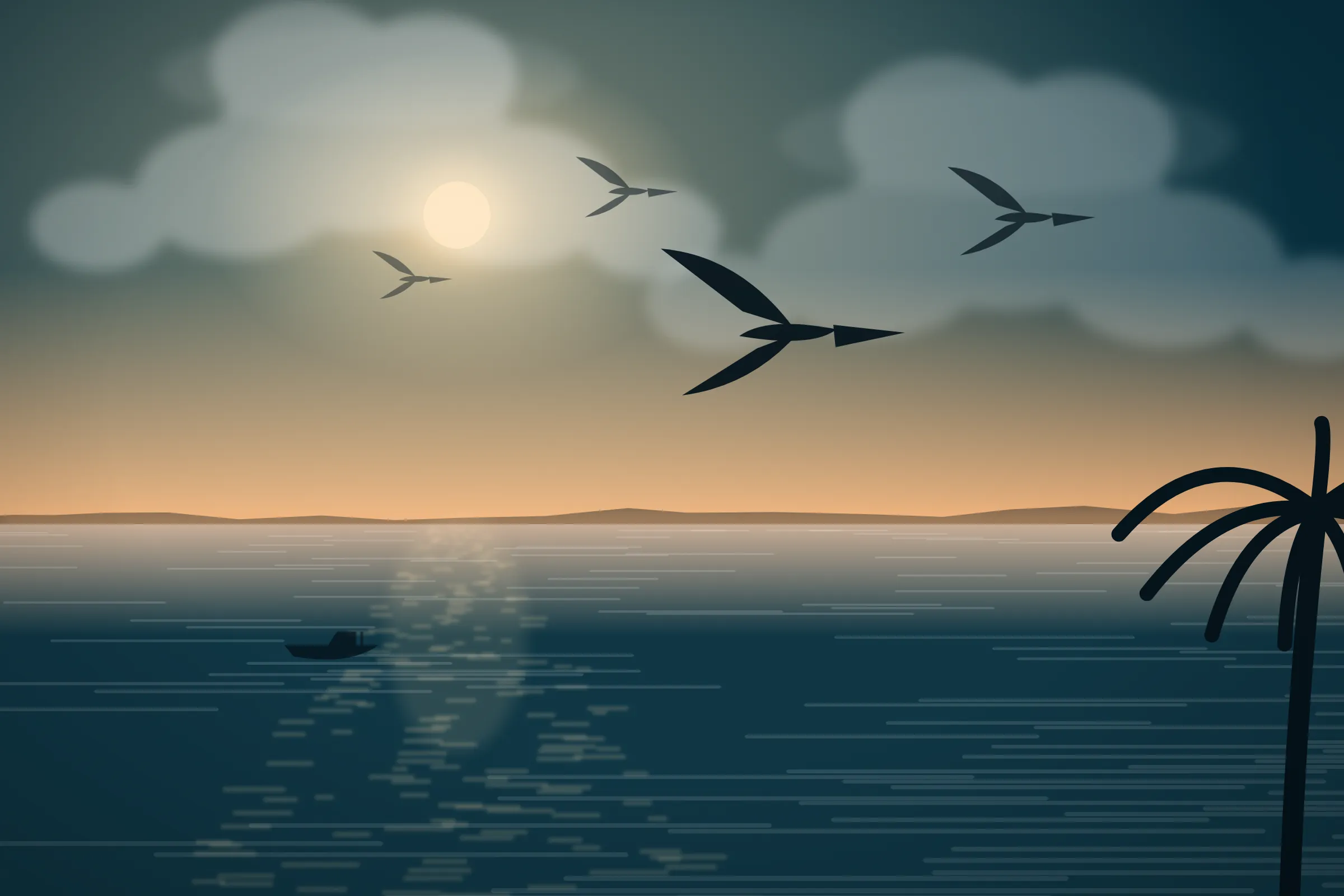 Illustration of frigatebirds over the water at sunset in Cape Coral