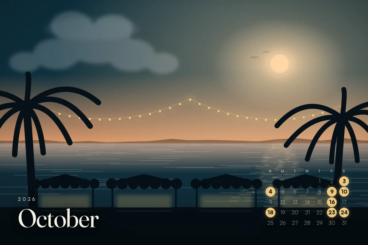 October 2026 calendar card, things to do in Cape Coral
