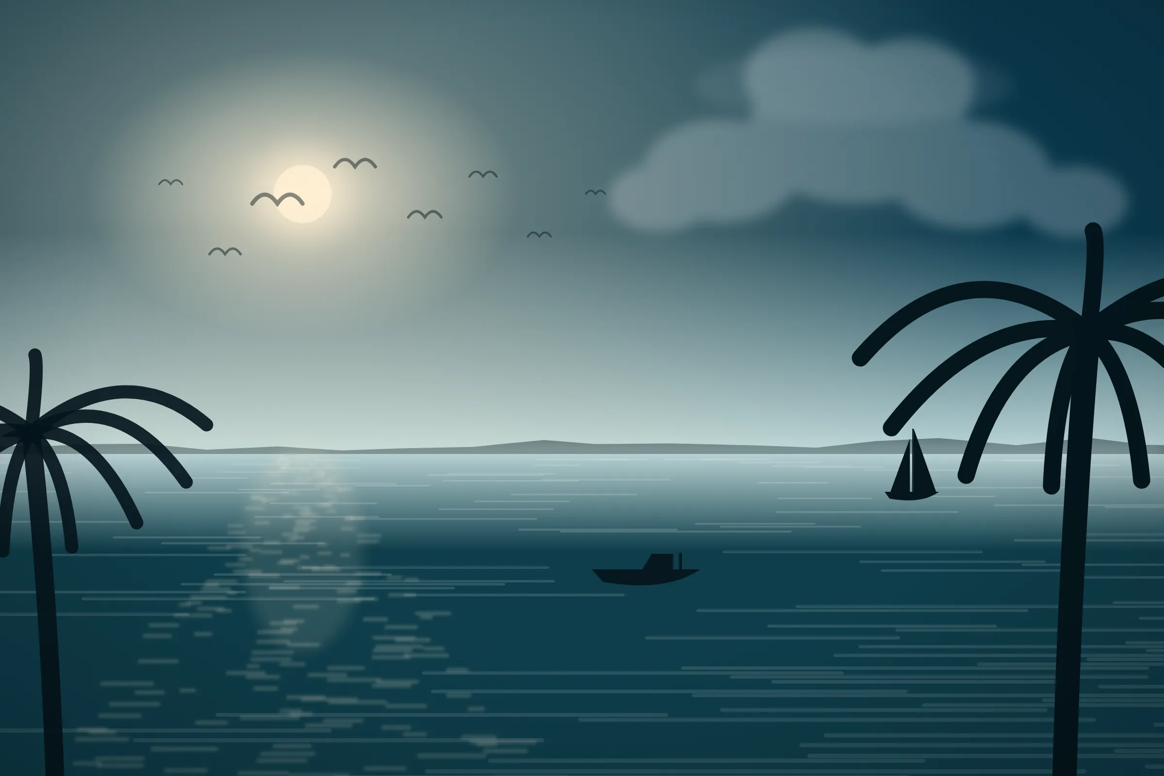 Illustration of sailboats and shorebirds on a calm day in Cape Coral