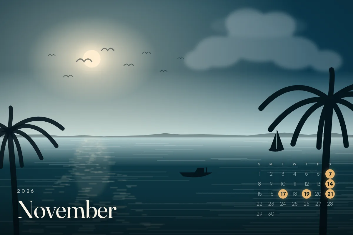 November 2026 calendar card, things to do in Cape Coral