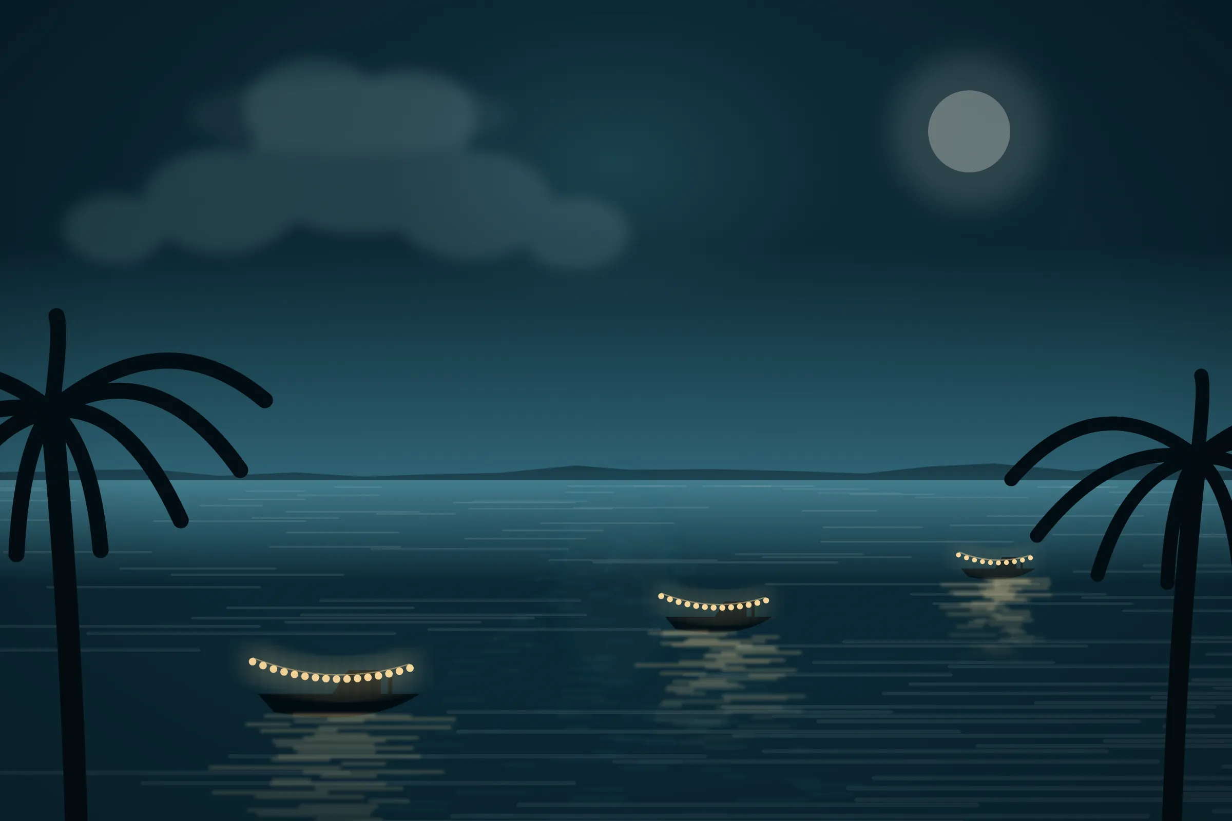 Illustration of boats strung with holiday lights on a canal in Cape Coral