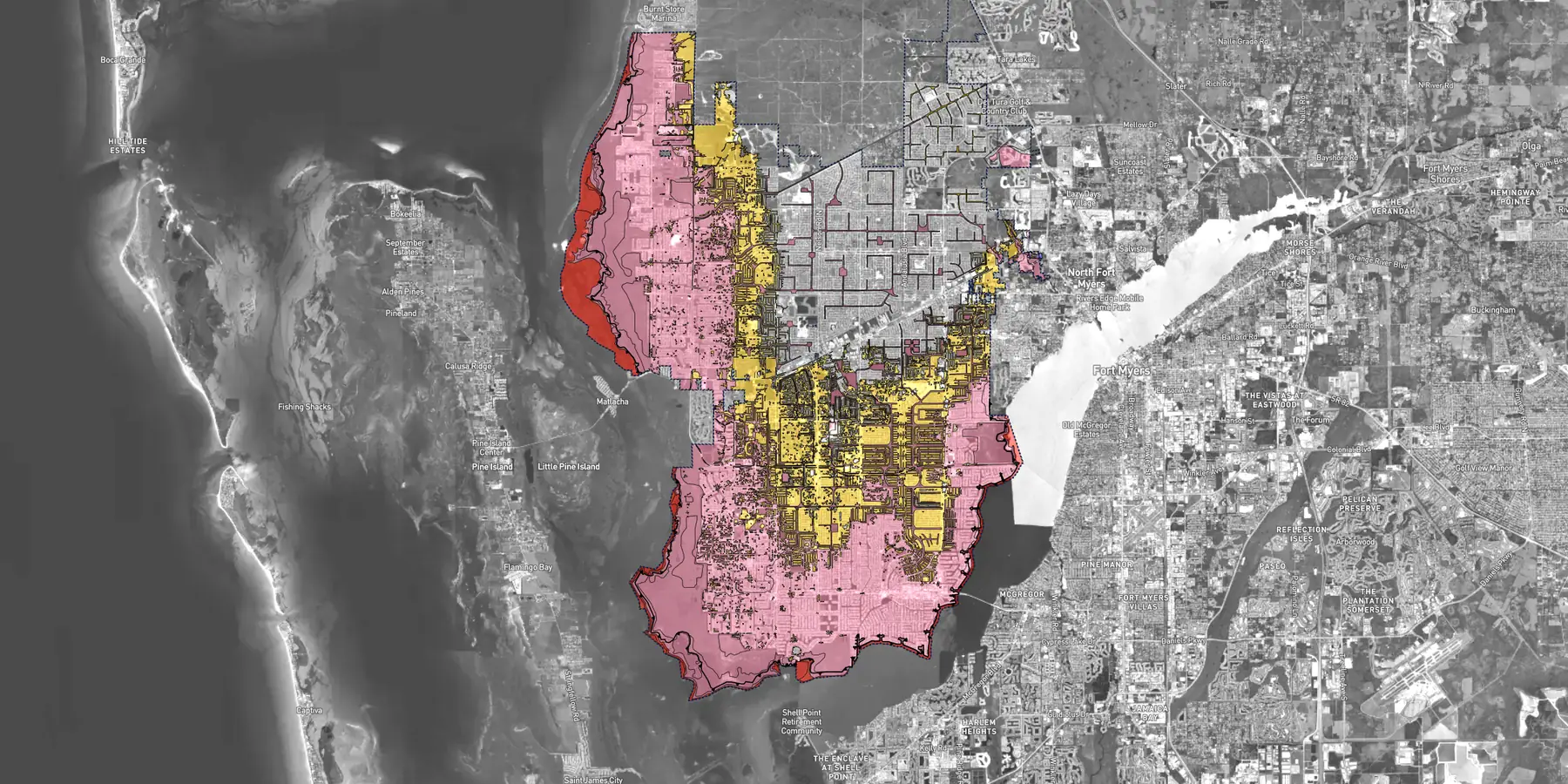 Flood zone map of Cape Coral with the higher risk zones shaded