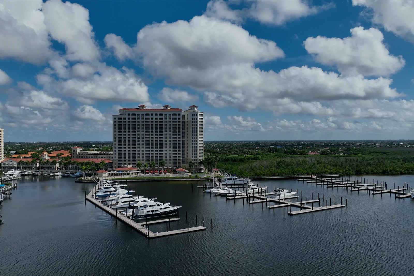 Aerial of the Tarpon Point marina and tower, Cape Coral