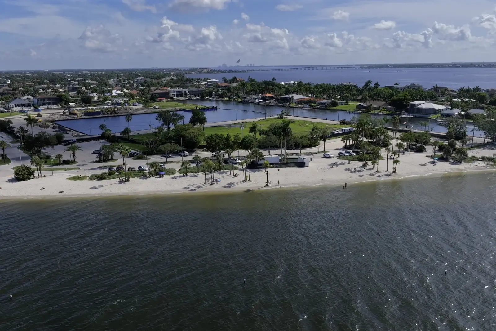 Aerial of the Yacht Club public beach on the Caloosahatchee, Cape Coral